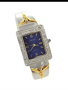Women's Blue Dial Crystal Accent Bangle Watch - Two-Tone Metal